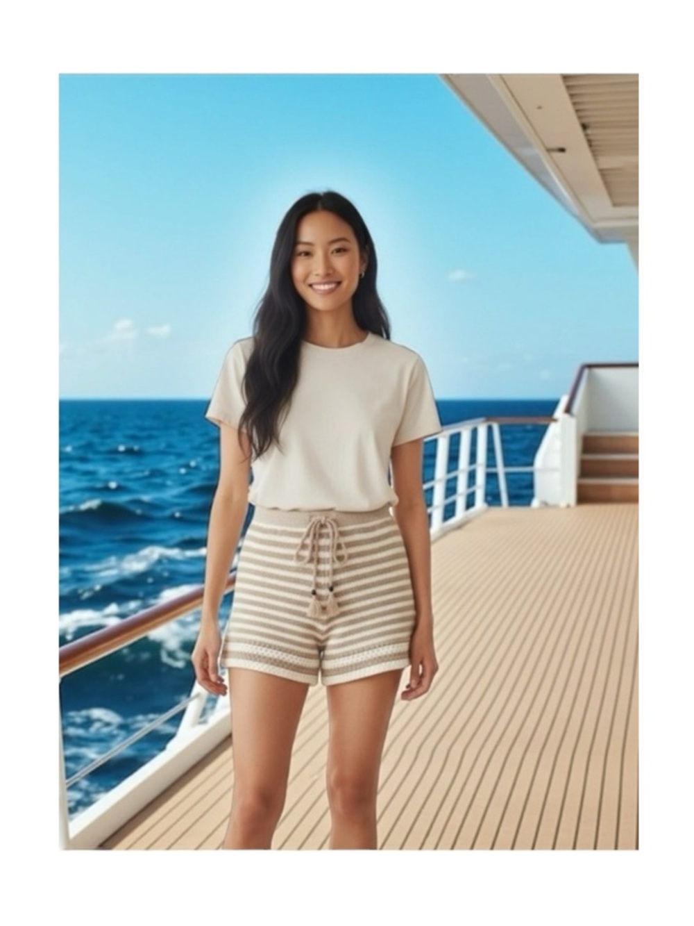 new House of Harlow 1960 𖣴 Crochet Striped Bermuda Shorts 𖣴 Almond White 𖣴 Small
